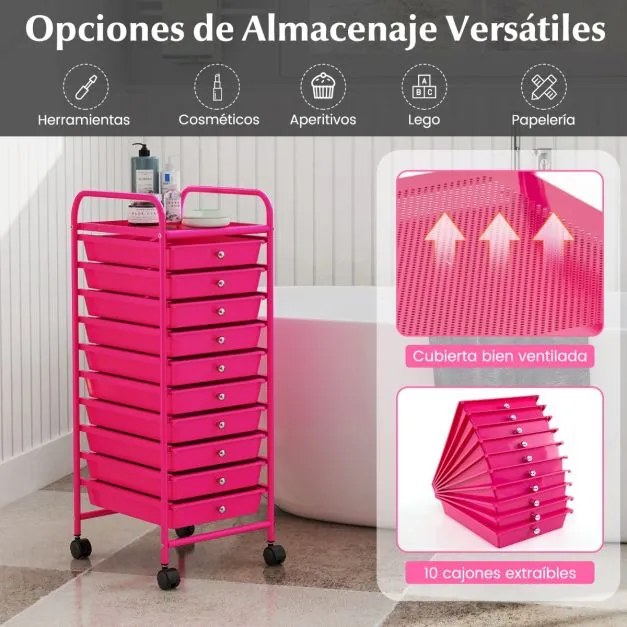 Carrinho multifuncional com rodas e 10 gavetas removíveis com estrutura metálica e gavetas empilháveis 33 x 37 x 86 cm Rosa escuro