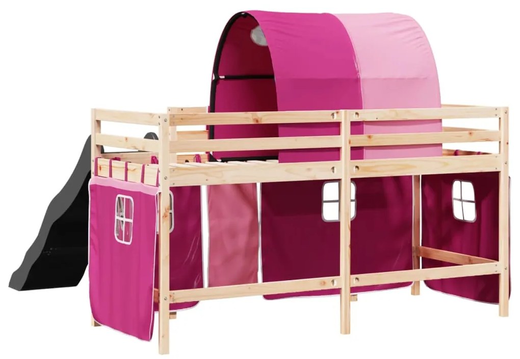 Cama alta para criança com túnel 90x190 cm pinho maciço rosa