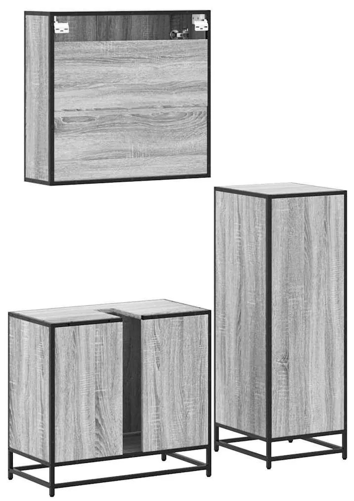 3 pcs Conjunto móveis casa de banho madeira proc. cinza sonoma