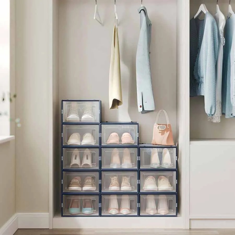 Conjunto de 12 caixas para sapatos em azul antracite transparente