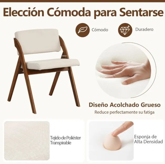 Conjunto de 2 cadeiras dobráveis para sala de jantar com pernas de madeira, assento e encosto acolchoados, modernas e portáteis Castanho