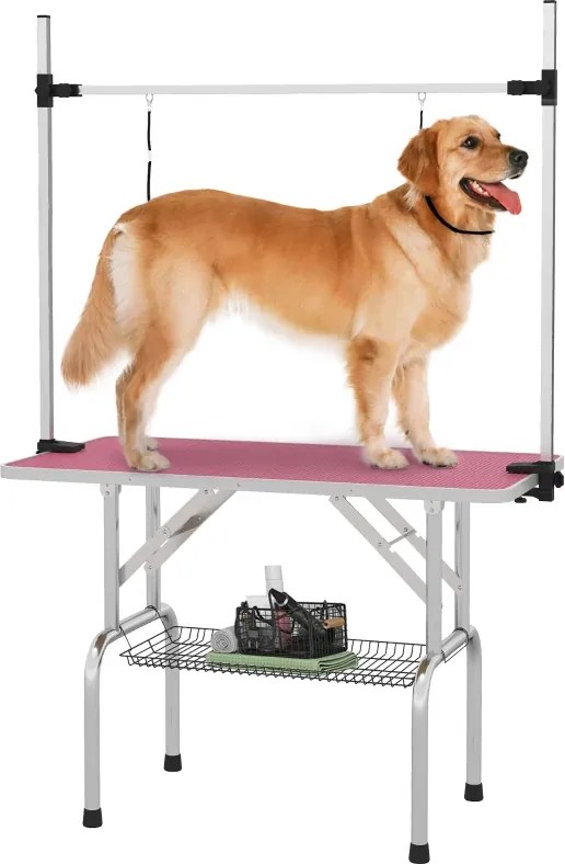 Mesa de Tosquia para Cães Dobrável Mesa de Higiene com Prateleira Metálica Superfície Antiderrapante 107x60x164 cm, Rosa