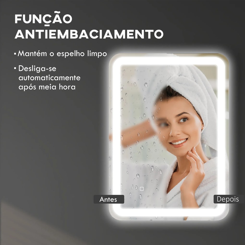 Espelho Casa de Banho com Luzes LED 70x50 cm Função Antiembaciamento 3 Temperaturas de Cor Ajustável e Função de Memória Prata