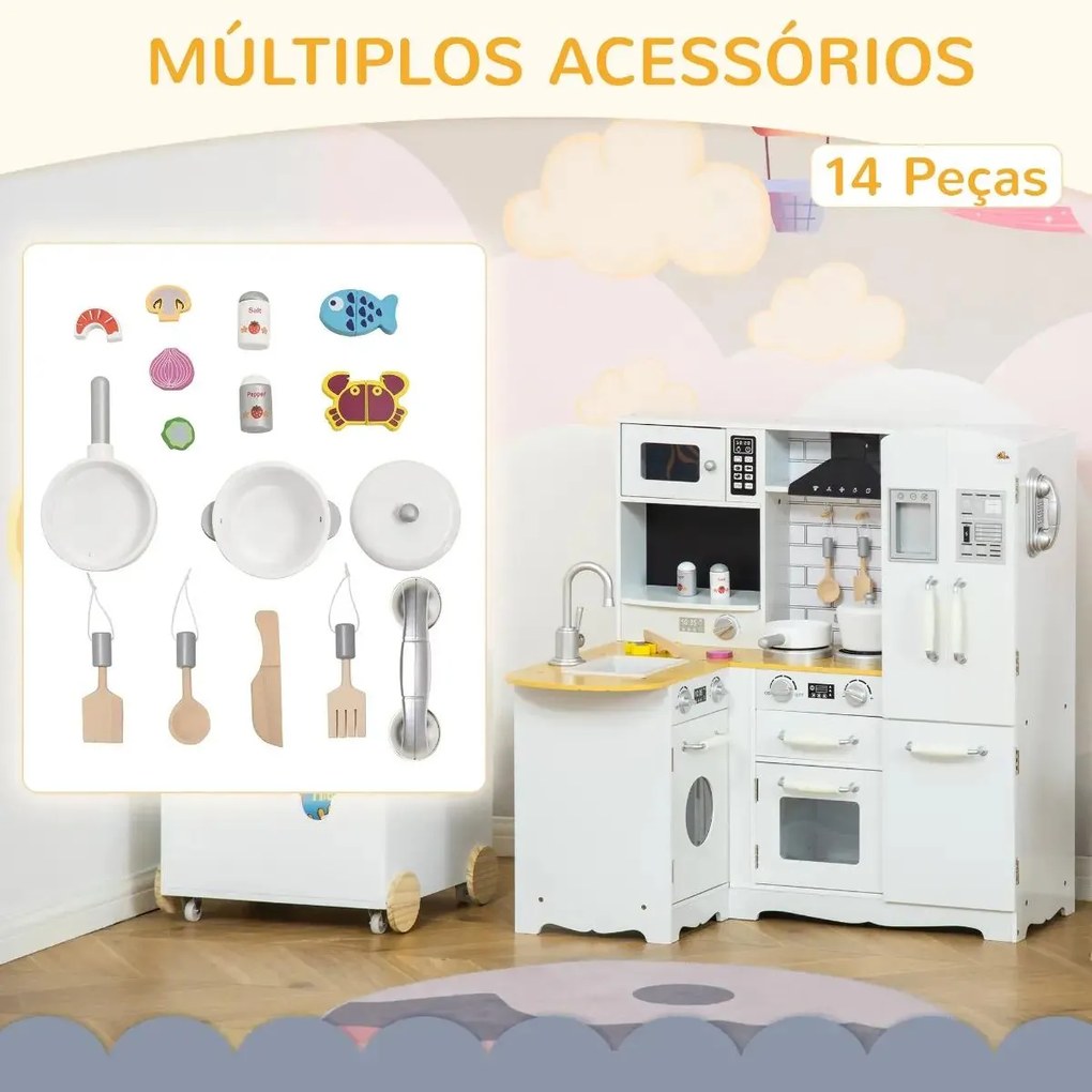 Cozinha Infantil de Madeira para Crianças de 3-6 Anos com Sons 14 Acessórios Cozinha Infantil com Telefone Lavatório Microondas e Grifo 82x65x87cm Bra