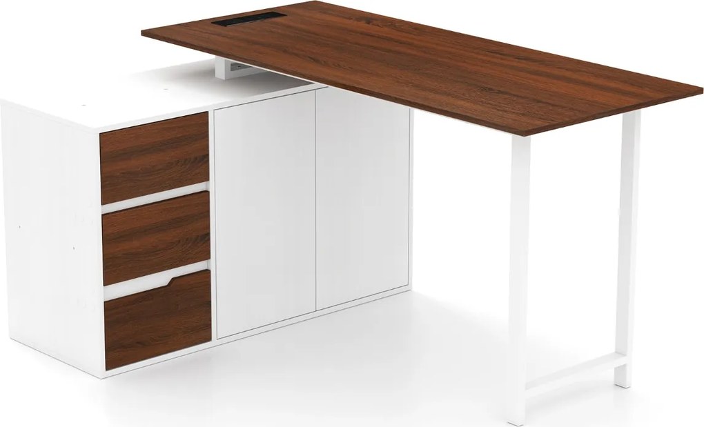 Secretária em forma de L 138 x 104 x 74 cm com arquivo e tomada elétrica com 3 gavetas Castanho e Branco
