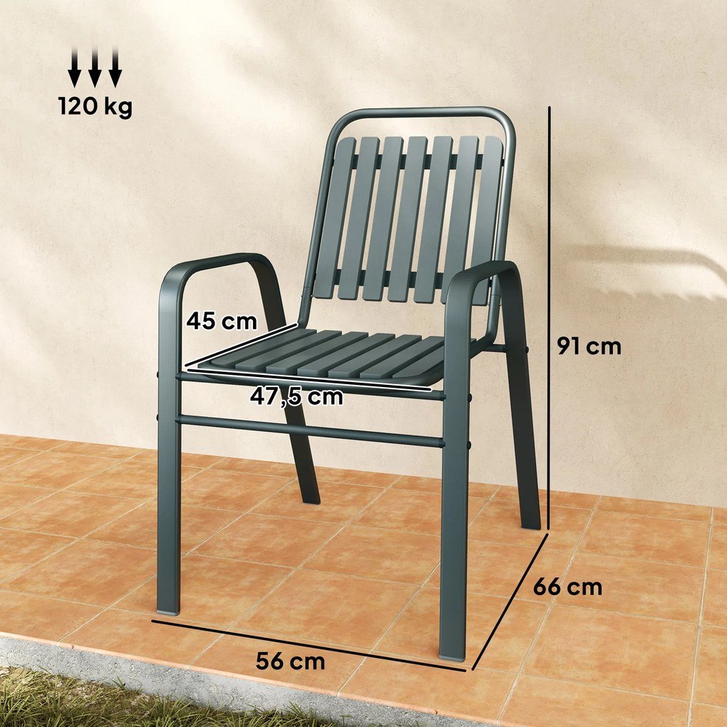 Conjunto de 4 cadeiras de jardim empilháveis para exterior (MESA NÃO INCLUÍDA) com encosto alto e braços, estrutura em aço, 56 x 66 x 91 cm, cinza