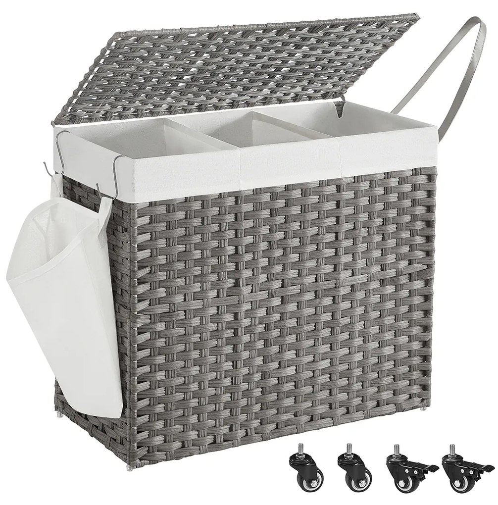 SONGMICS Cesto de roupa suja com tampa, 160 L, Cesto de roupa suja, 3 compartimentos, Separador de roupa suja com rodas, Visual de ratã, Saco de roupa suja, Removível, para lavanderia, 70 x 36 x 66 cm, Cinza LCB365G01