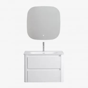 Conjunto De Móvel De Casa De Banho Em Madeira Com Lavatório Integrado Egerton Branco & Quadrado Led E Anti-embaciamento 75x75 Cm - Sklum