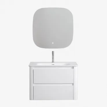 Conjunto De Móvel De Casa De Banho Suspenso Em Madeira Com Lavatório Integrado Egerton Branco & Quadrado Led E Anti-embaciamento 75x75 Cm - Sklum