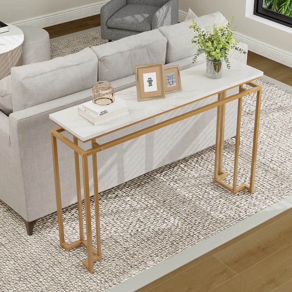 Mesa consola moderna com tampo de mármore artificial e estrutura metálica geométrica para hall de entrada e corredor 30 x 120 x 80,5 cm Dourado