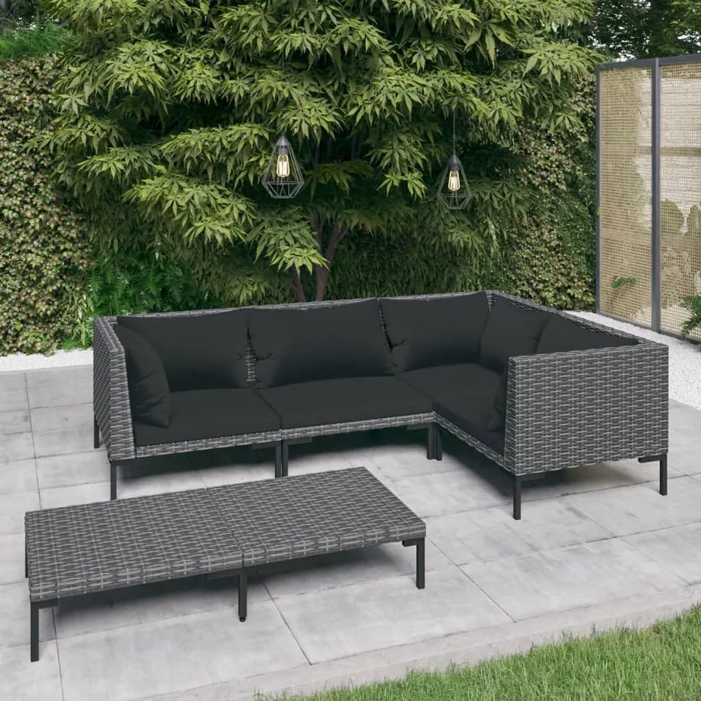 vidaXL 5 pcs conj. lounge jardim c/ almofadões vime PE cinzento-escuro