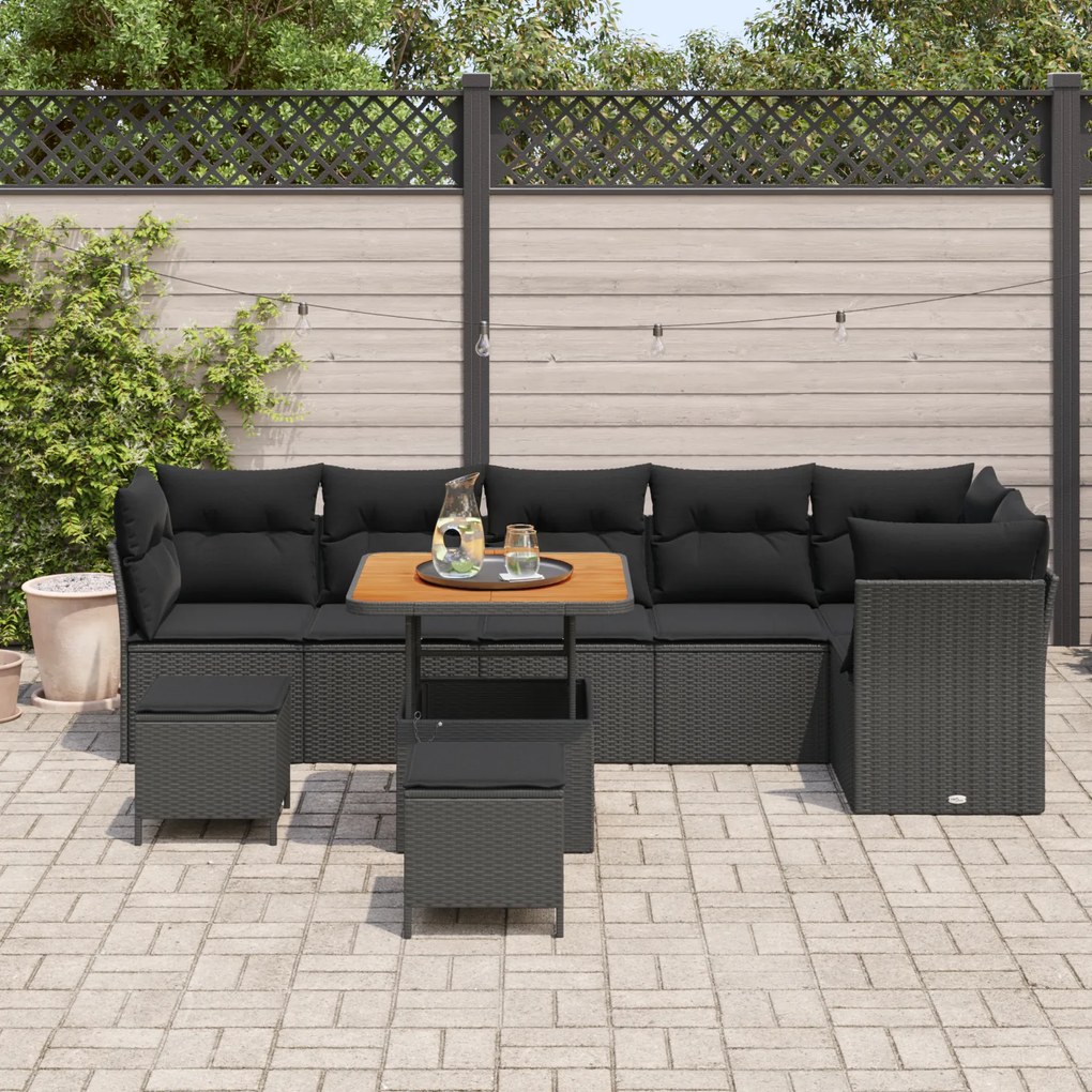 Conjunto de Sofá de Jardim vidaXL com Almofadas Preto Rattan de Políme