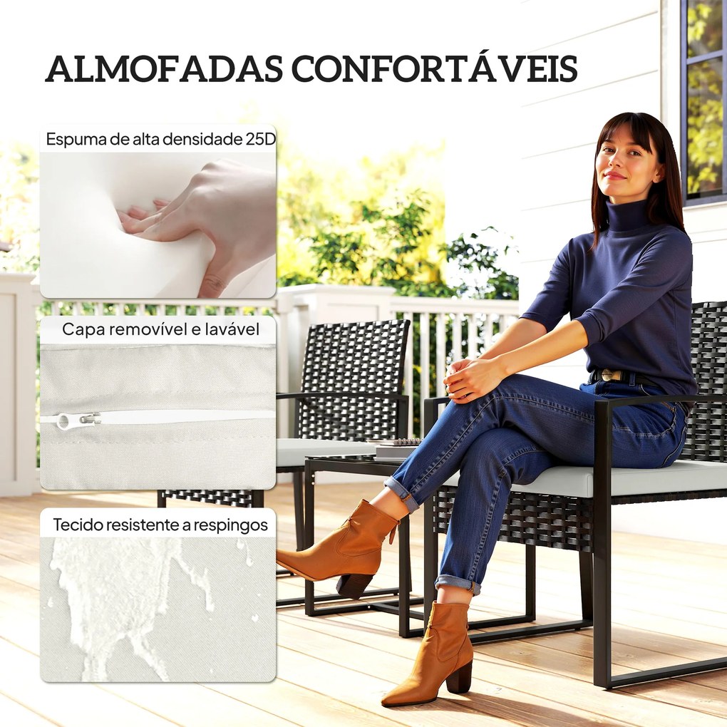 Conjunto de Móveis de Jardim de 3 Peças em Vime PE com Cadeiras Mesa de Vidro Temperado e Almofadas Castanho e Creme