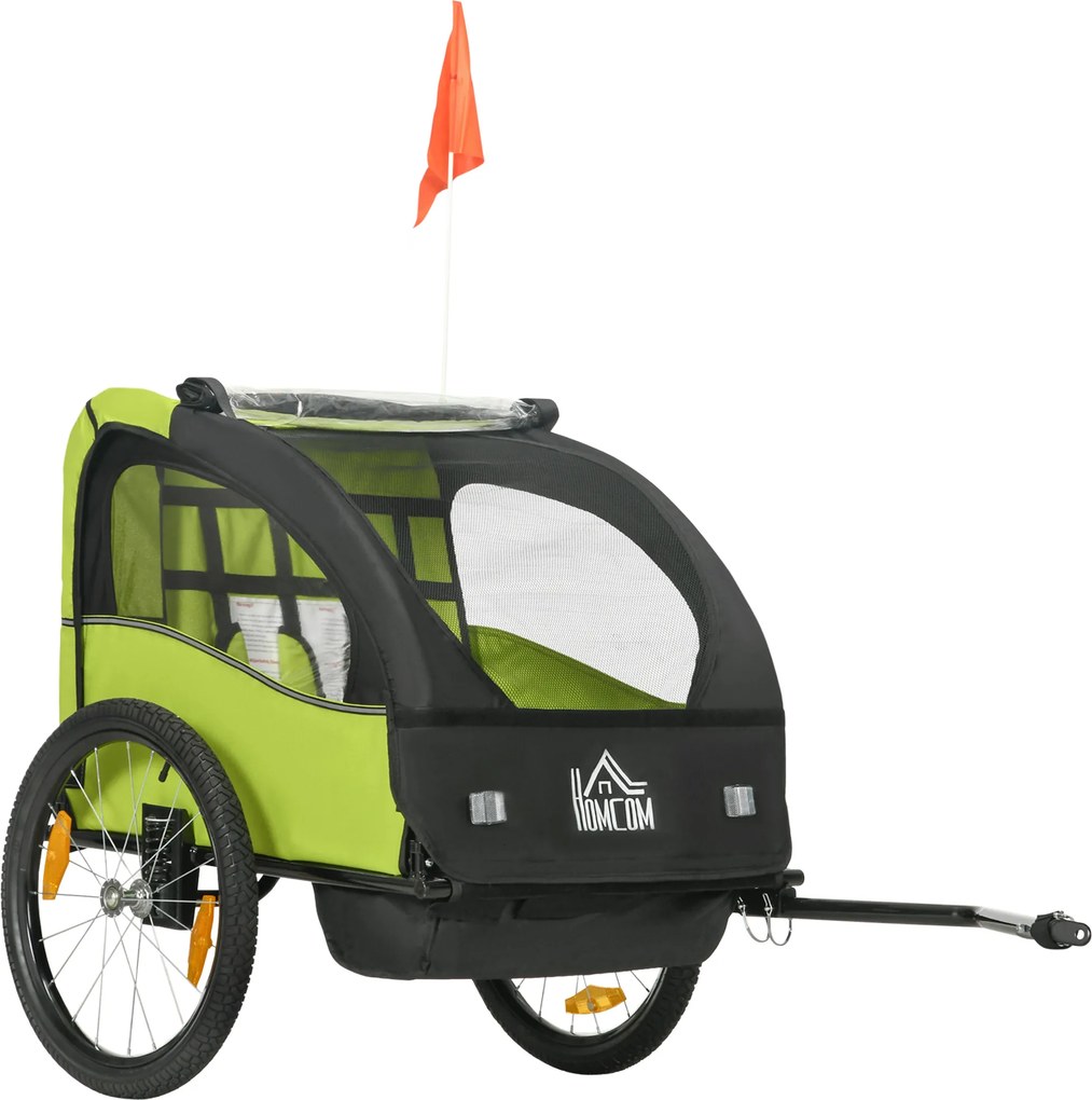 HOMCOM Reboque de Bicicleta para Crianças de 2 Lugares com Cinto de Segurança e Sistema de Amortecimento 140x88x90 cm Verde | Aosom Portugal