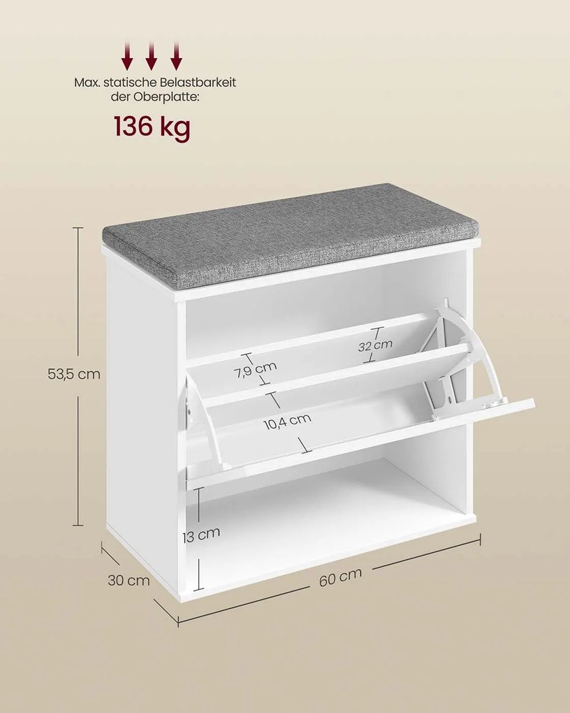 Banco para sapatos com almofada 30 x 60 x 53,5 cm, compartimento rebatível e divisória ajustável Branco-Cinzento