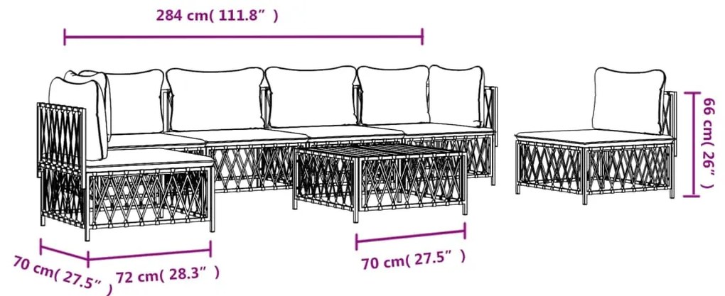 7 pcs conjunto lounge de jardim com almofadões aço branco