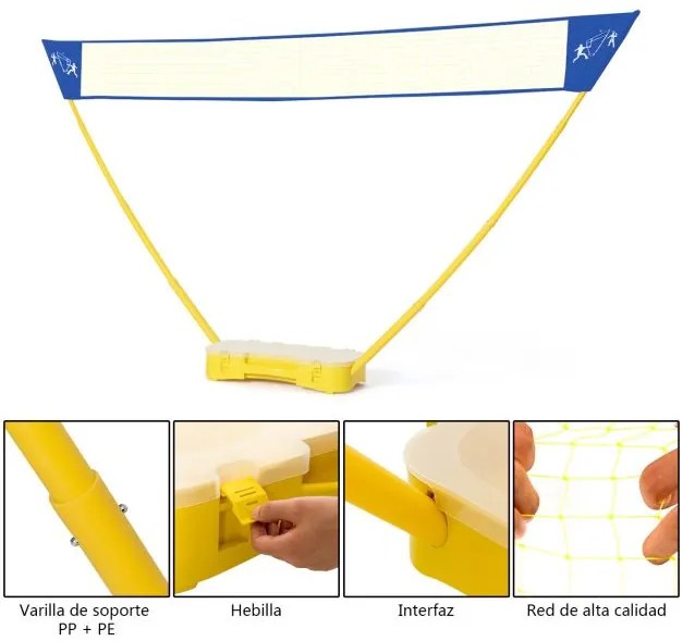 Conjunto com rede de badminton 3 x 1,5 m portátil com 2 raquetes e 2 penas, fácil de montar, para praia ou jardim, amarelo e azul