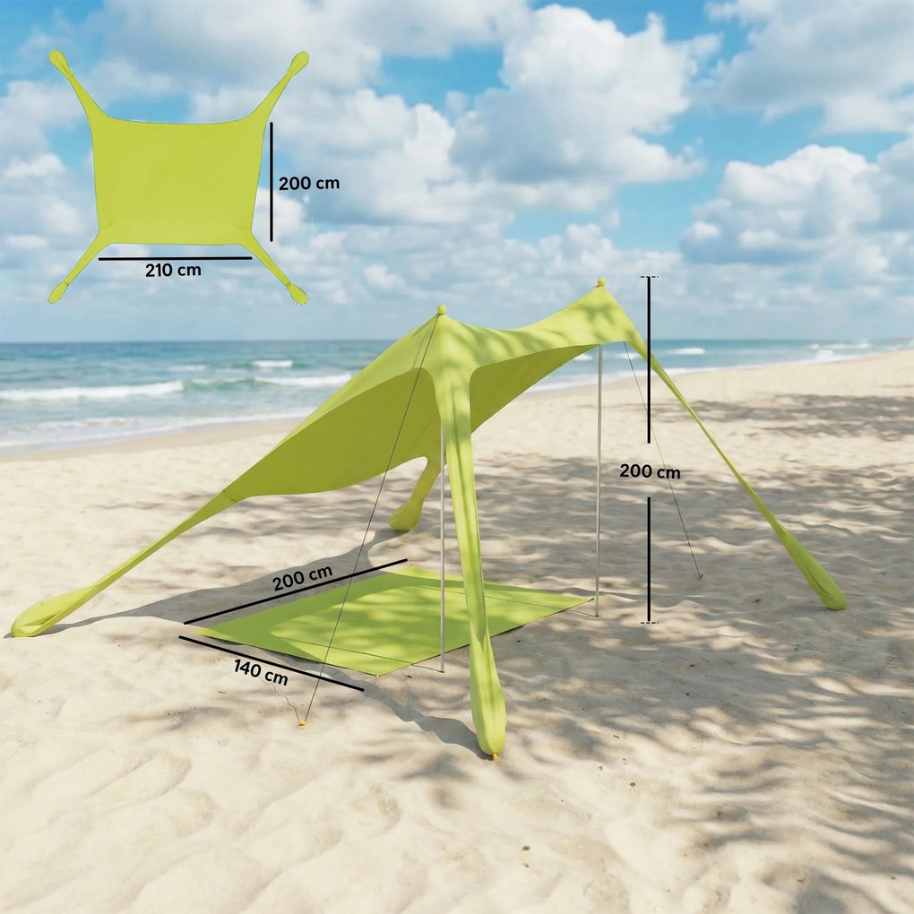 Tenda de Praia Dobrável com Tapete UPF50+ Postes de Alumínio Pá Estacas e Bolsa de Transporte 208x200 cm Verde