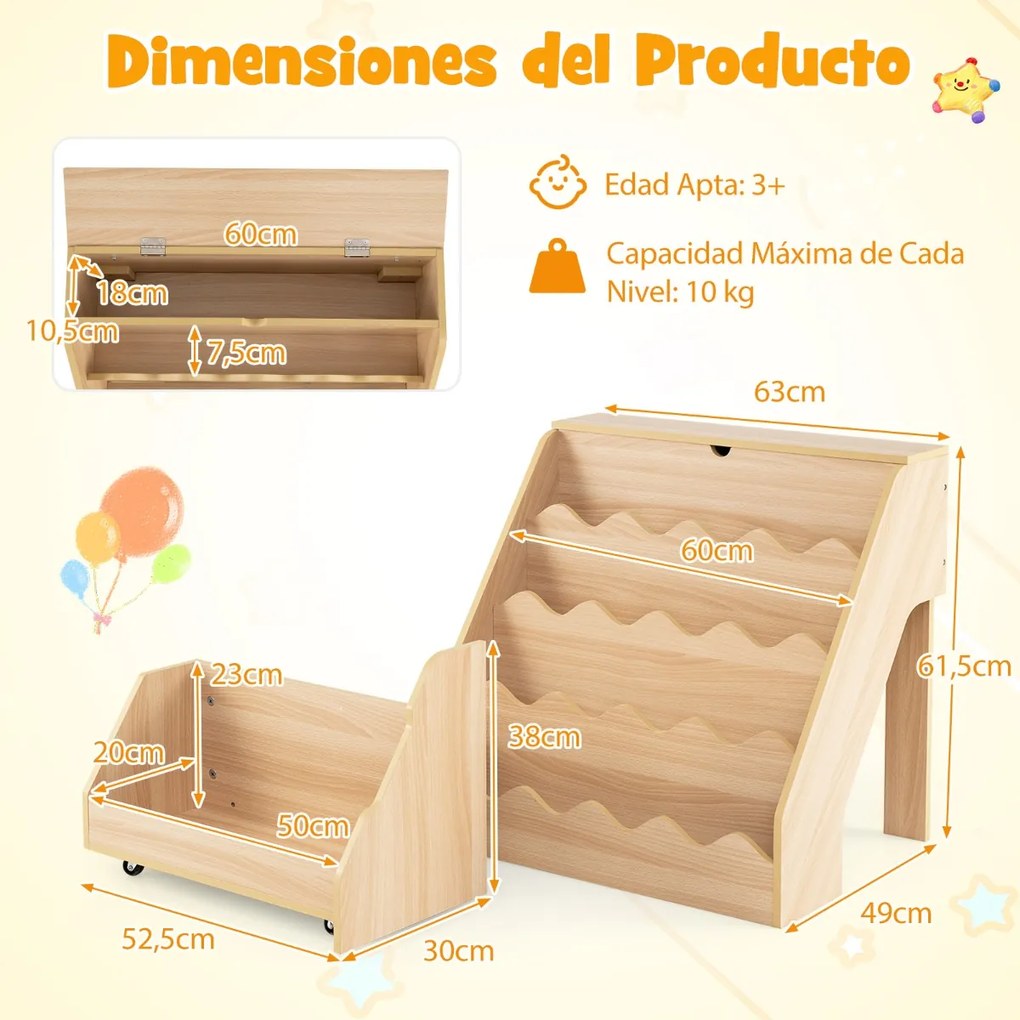 Estante de madeira para crianças 63 x 49 x 61,5 cm com 4 níveis, prateleiras abertas, gaveta com rodízios e caixa com tampa, em tom de madeira natural
