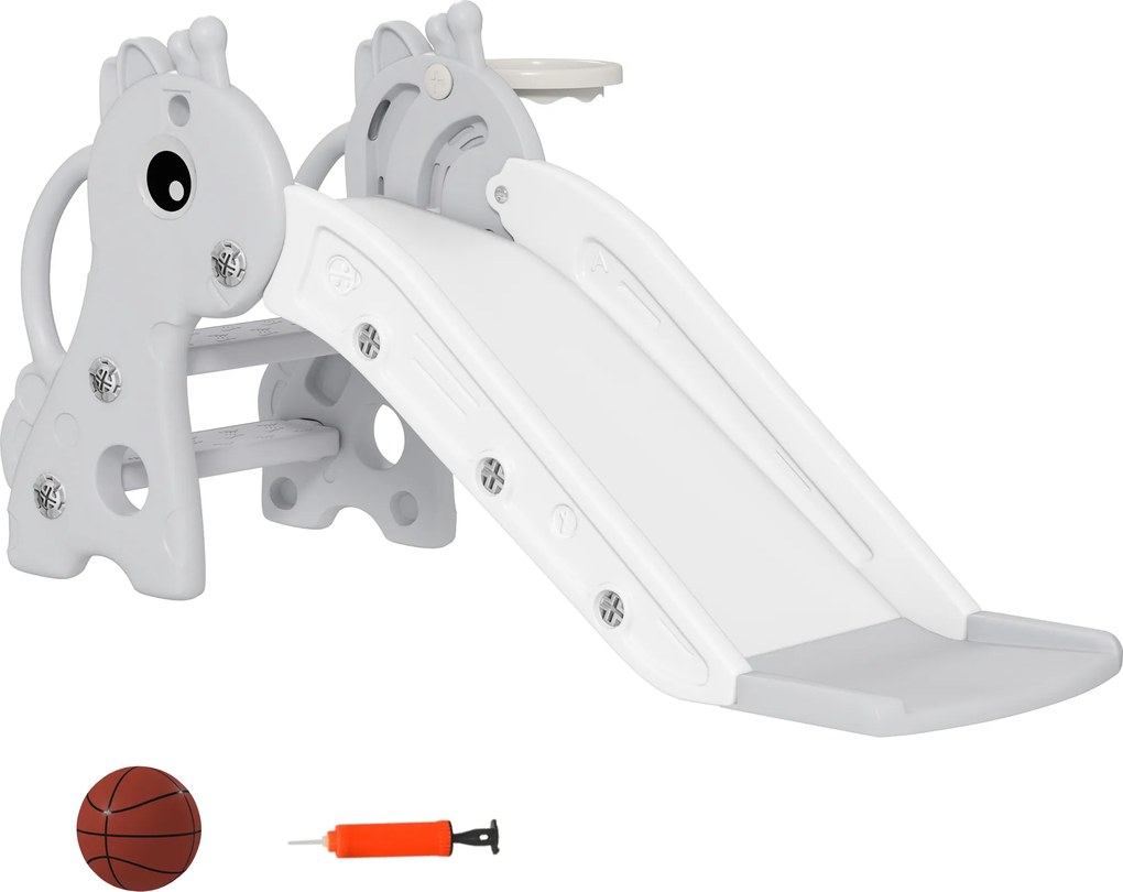 Escorrega infantil 3 em 1 em forma de girafa com cesto de basquetebol, trepa-trepa e bola, 106 x 51,5 x 52 cm, cinzento
