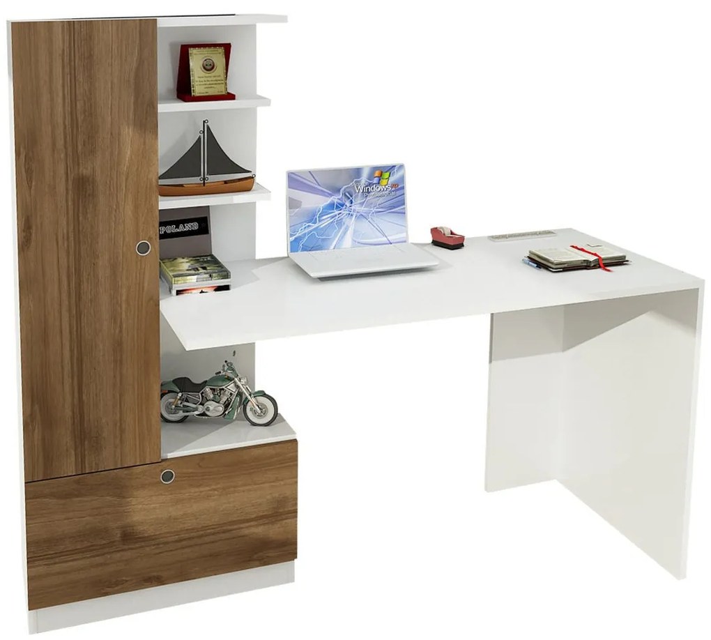 Secretária Domingos – Branco Nogueira – 149,5x120x61,8 cm | Tribo Home