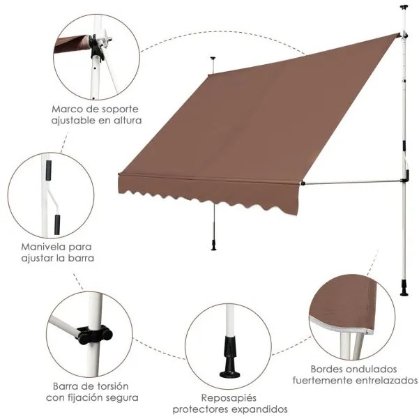 Toldo Telescópico e Retrátil 300 x 120 cm Resistente aos Raios UV Impermeável com Manivela Manual e Altura Ajustável para Janela Varanda castanho