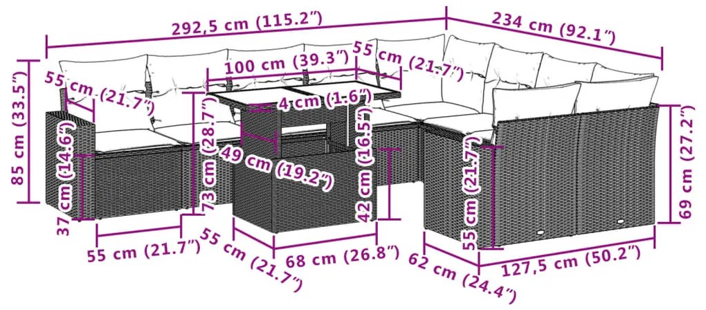 10 pcs conjunto sofás de jardim c/ almofadões vime PE cinzento