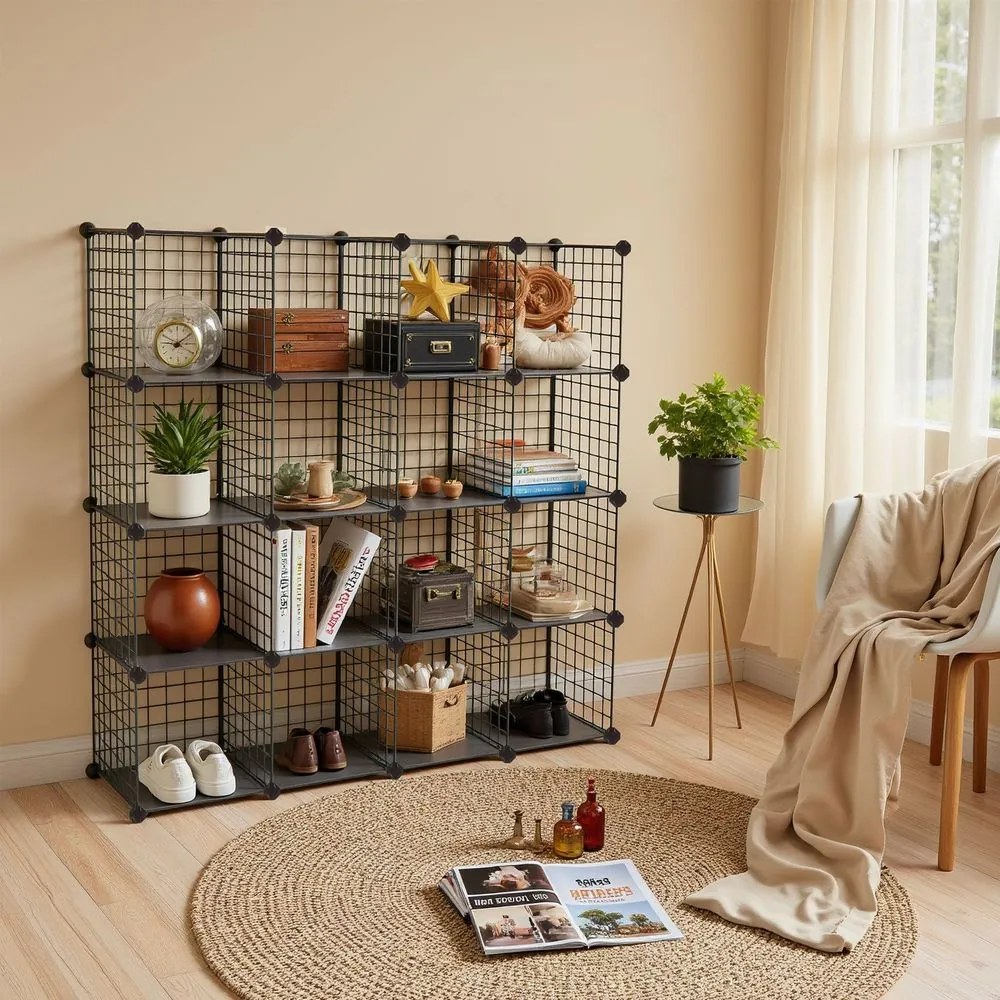 Sistema de prateleiras encaixáveis arrumação com 16 cubos de grelha 123 x 31 x 123 cm (L x P x A) Preto