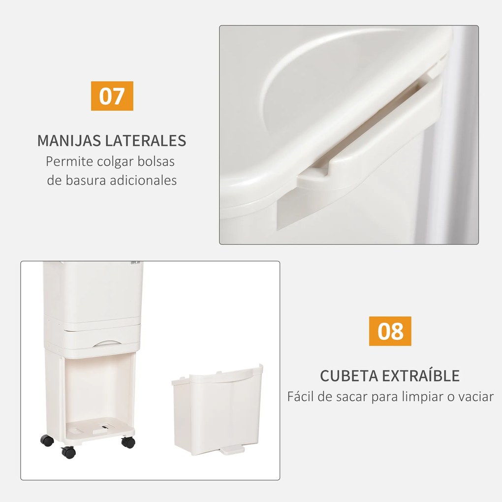 HOMCOM Caixotes de Lixo e Reciclagem 45L Caixote Móvel com Rodas 4 Compartimentos Gaveta Abertura e Fechamento com Botão e Pedal 42x29x83cm Branco