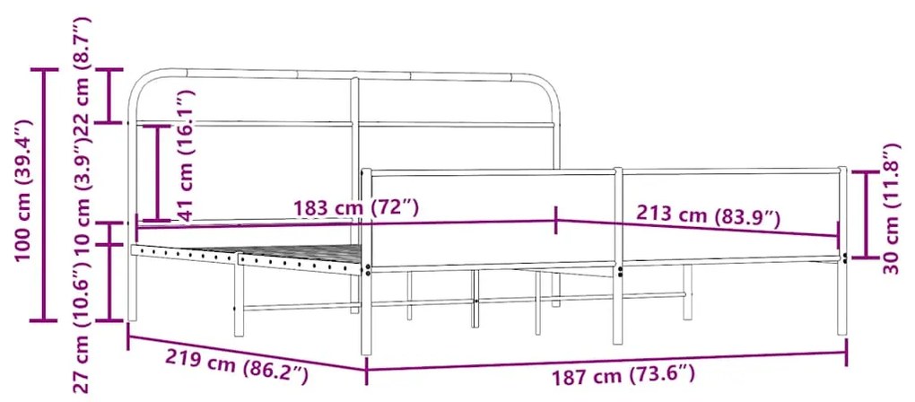 Estrutura de cama sem colchão 183x213cm metal carvalho fumado