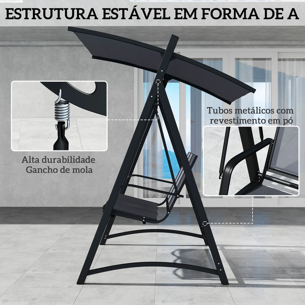 Baloiço de Jardim de 3 Lugares com Teto Ajustável UPF50+ Assento Transpirável e Estrutura em Metal 188x130x183 cm Cinza