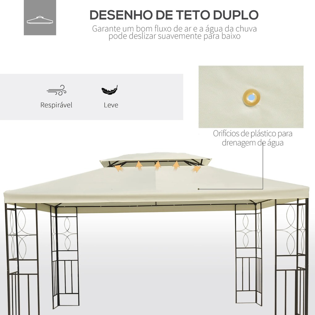 Pérgola de Jardim 4x3 m com Telhado Duplo Estrutura de Aço Anti-UV para Exterior Terraço Pátio Branco Creme