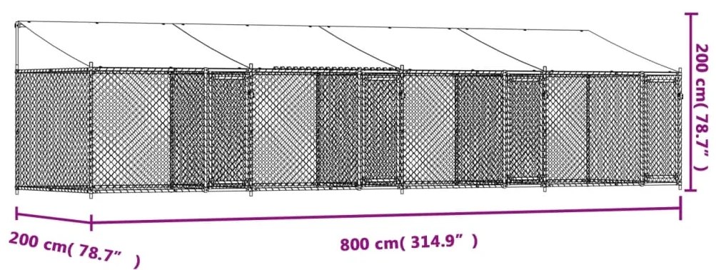 Jaula para cão com telhado/portas 8x2x2 m aço galvanizado cinza