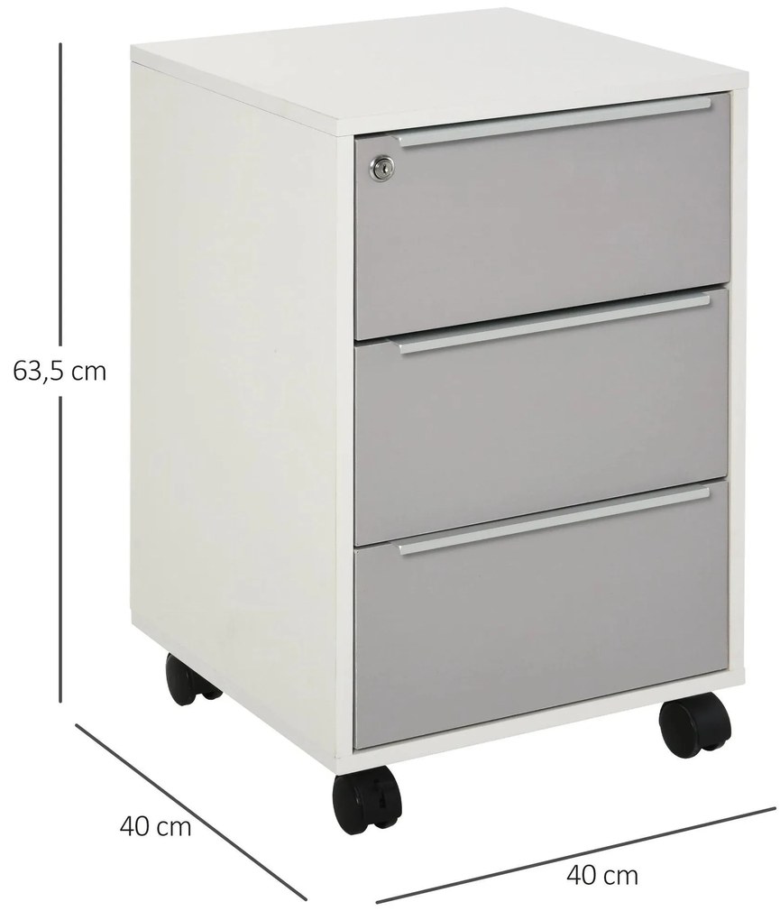 Bloco de Gavetas Móvel de Escritório com 3 Gavetas Fechadura Rodas e Travão para Documentos 40x40x63,5 cm Branco e Cinza