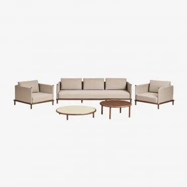 Conjunto De Jardim Com Sofá De 3 Lugares, 2 Poltronas E 2 Mesas De Centro Redondas Em Madeira De Acácia Olivia Castanho-acácia Escuro & Beige Semoline