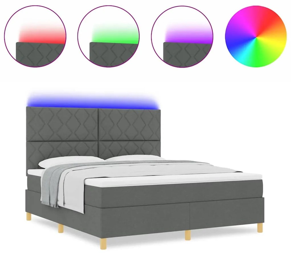 Cama com Molas com Colchão &amp; LED Cinza Escuro 180x200 cm Tecido