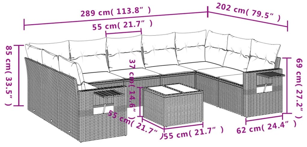 10 pcs conjunto sofás de jardim c/ almofadões vime PE cinzento