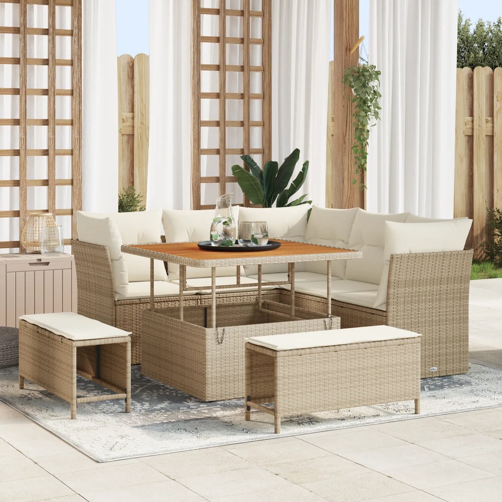 Conjunto de Sofá de Jardim vidaXL 8 Peças com Almofadas Bege Rattan Poliéster Acácia