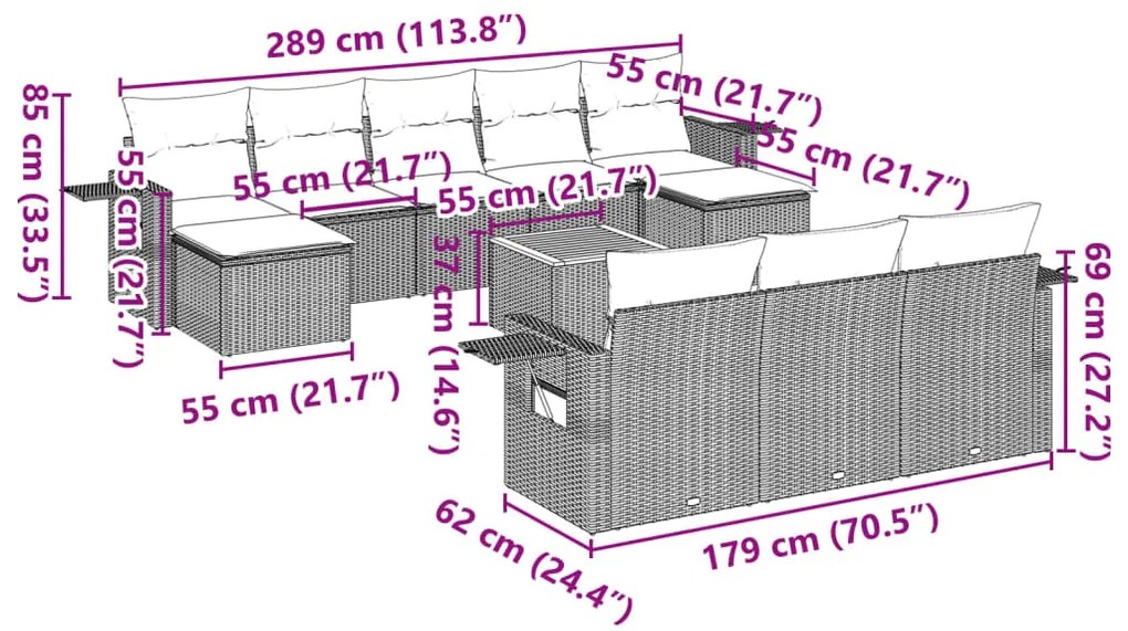 11 pcs conjunto sofás de jardim c/ almofadões vime PE preto