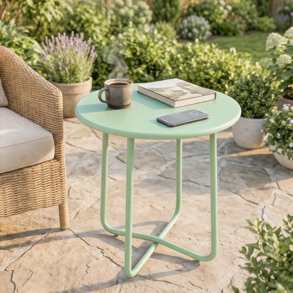 Mesa de centro de jardim com borda enrolada Ø48x51 cm,, base em X com pés ajustáveis em altura, para sala de estar na esplanada, verde