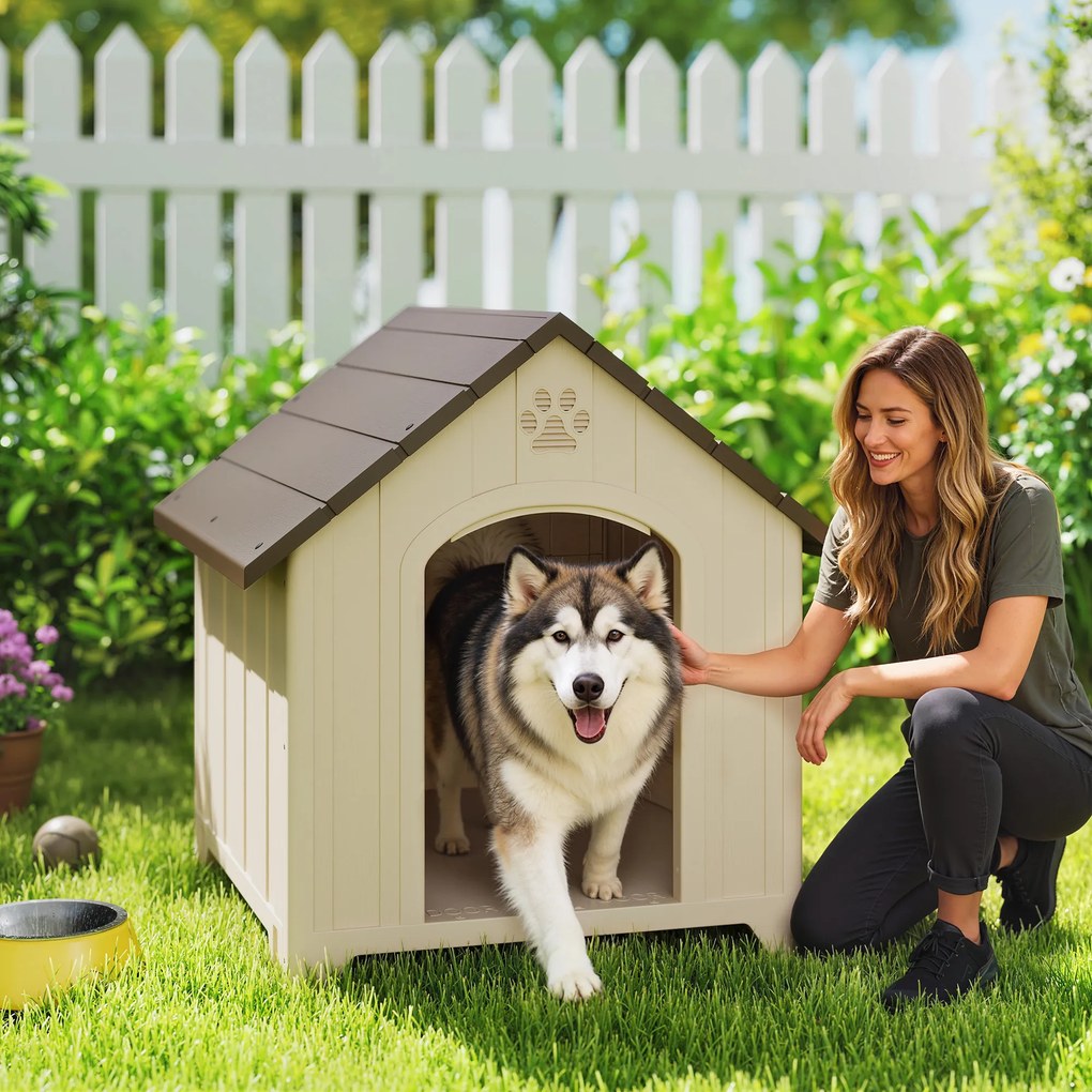 Casota para Cães Exterior Extragrande em Plástico com 2 Janelas, Base Elevada e Estacas Bege