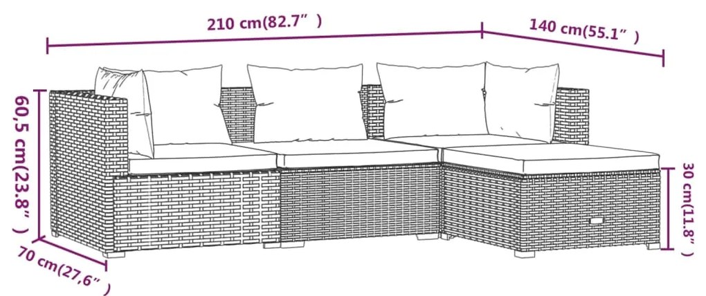 4 pcs conjunto lounge de jardim c/ almofadões vime PE cinzento