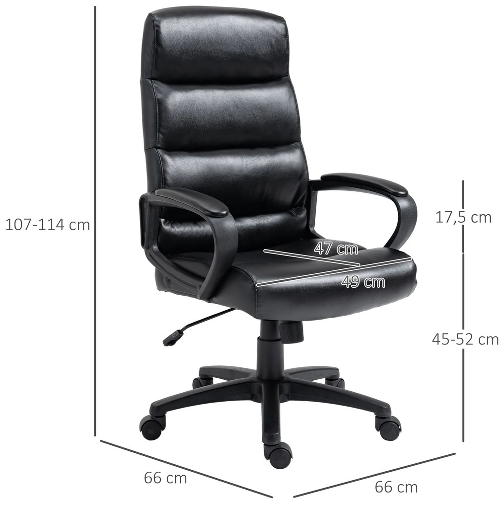 Vinsetto Cadeira de Escritório Giratória Cadeira de Escritório Ergonómica com Altura Ajustável Apoio para os Braços Alto Acolchoado de Couro Sintético 66x66x107-114cm Preto