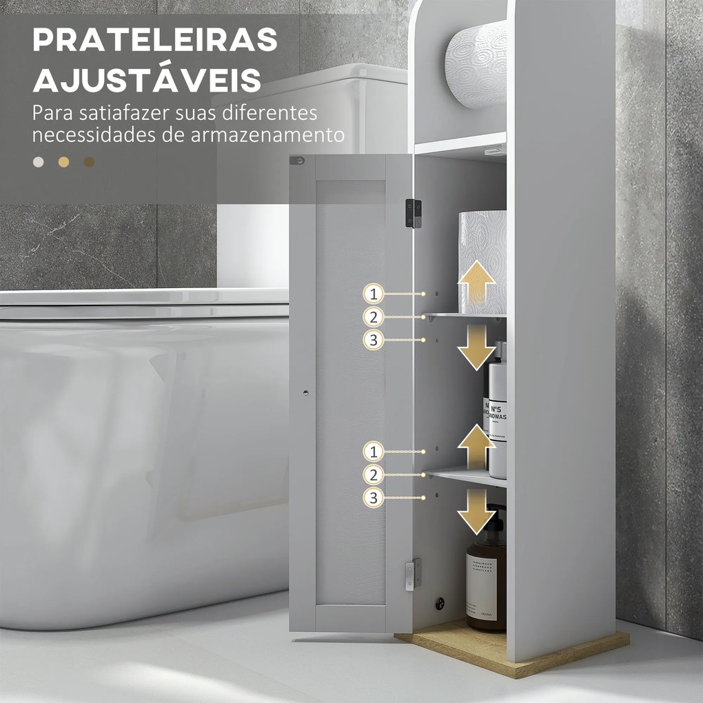 Armário Casa de Banho Armário com Prateleiras Ajustáveis e Suporte para Papel Higiénico 20x20x80 cm Branco