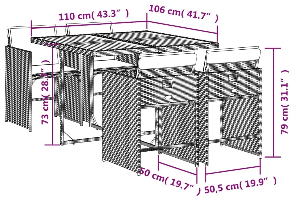 5 pcs conjunto de jantar p/ jardim c/ almofadões vime PE cinza