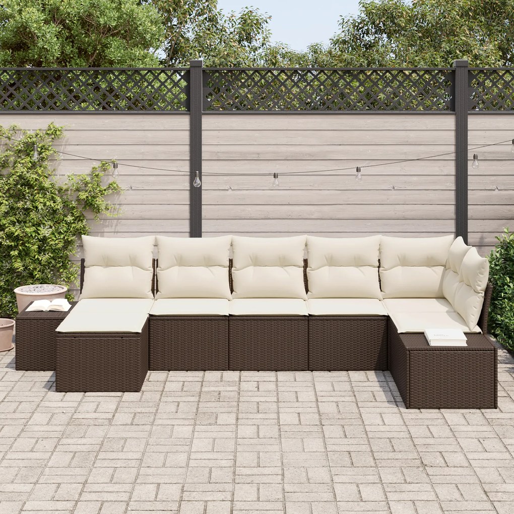 Conjunto de Sofá de 7 Peças para Jardim com Almofadas Castanho Vime Si