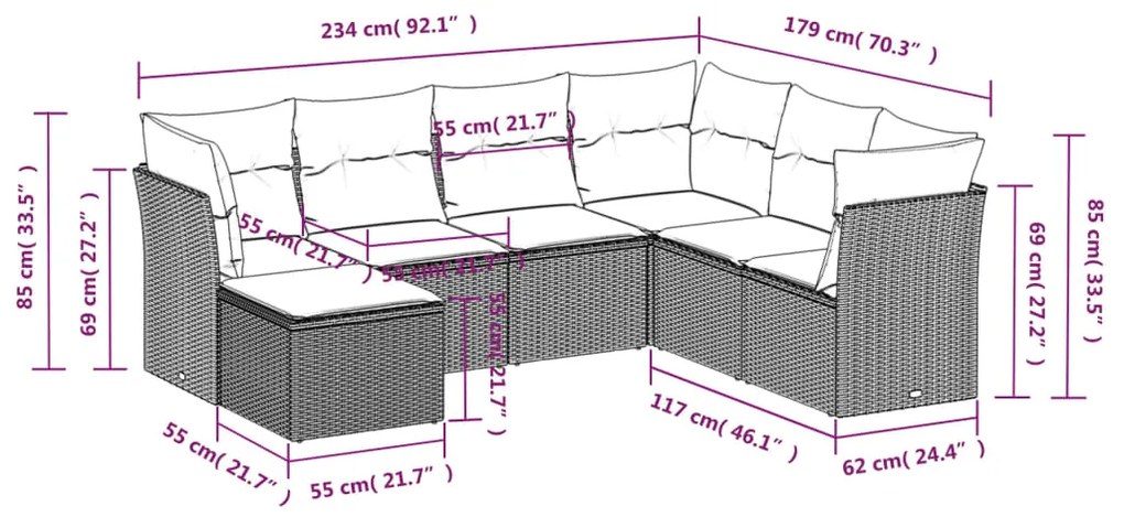 7 pcs conj. sofás jardim com almofadões vime PE cinzento-claro