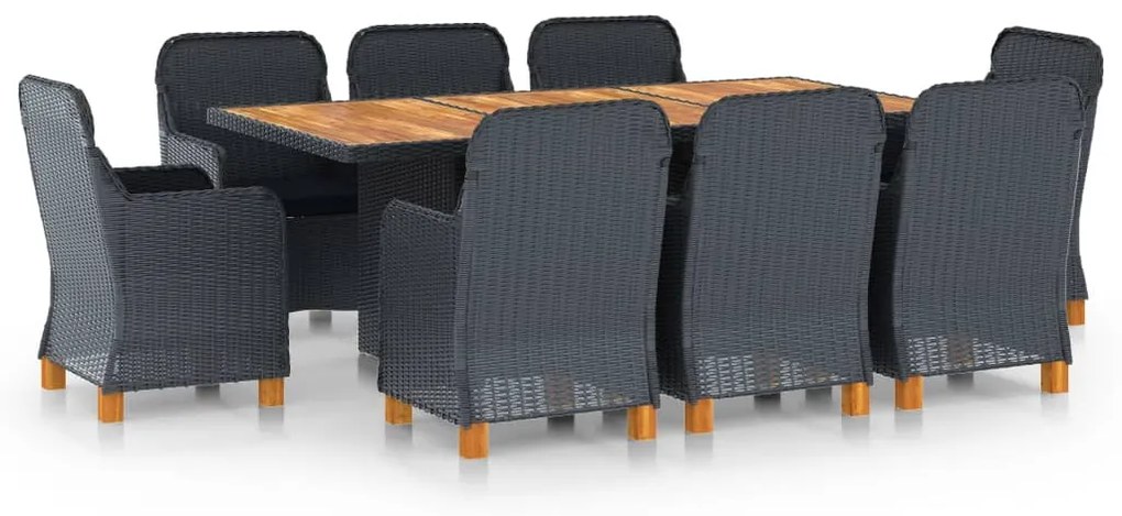 9 pcs conj. jantar exterior c/ almofadões vime PE cinza-escuro