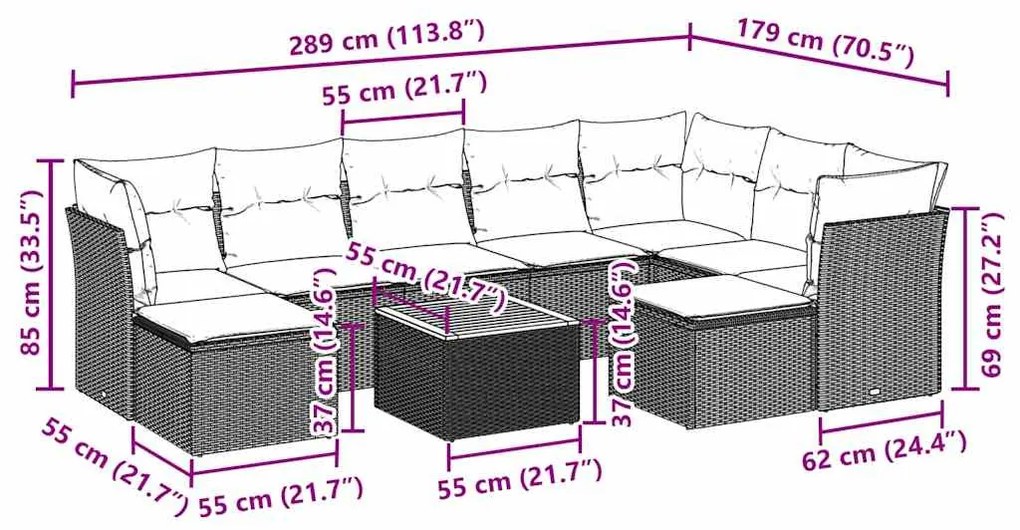 10 pcs conjunto sofás de jardim c/ almofadões vime PE preto