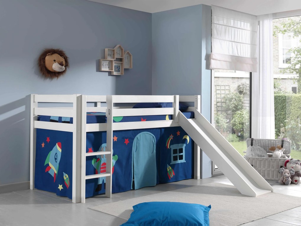 Conjunto Cama alta de Criança PINO 90 x 200 cm + estrado + escada + escorrega + cortina Astronauta branca